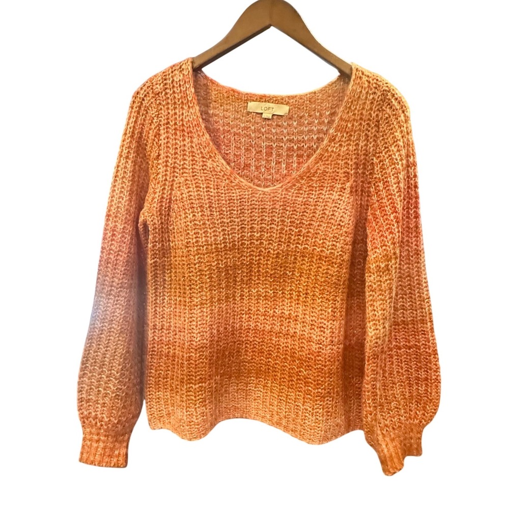 Loft Womens Orange Pink Space Dye V-Neck Knit Sweater Balloon Sleeve Small Cozy